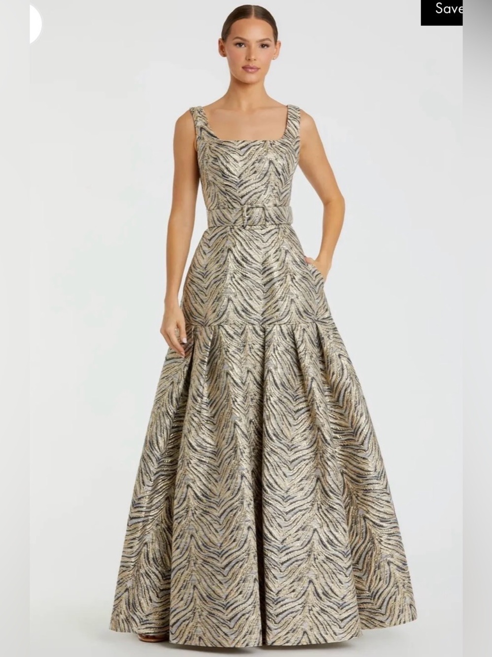 Mac Duggal Metallic Patterned Square-Neck Maxi Gown in Gold and Silver